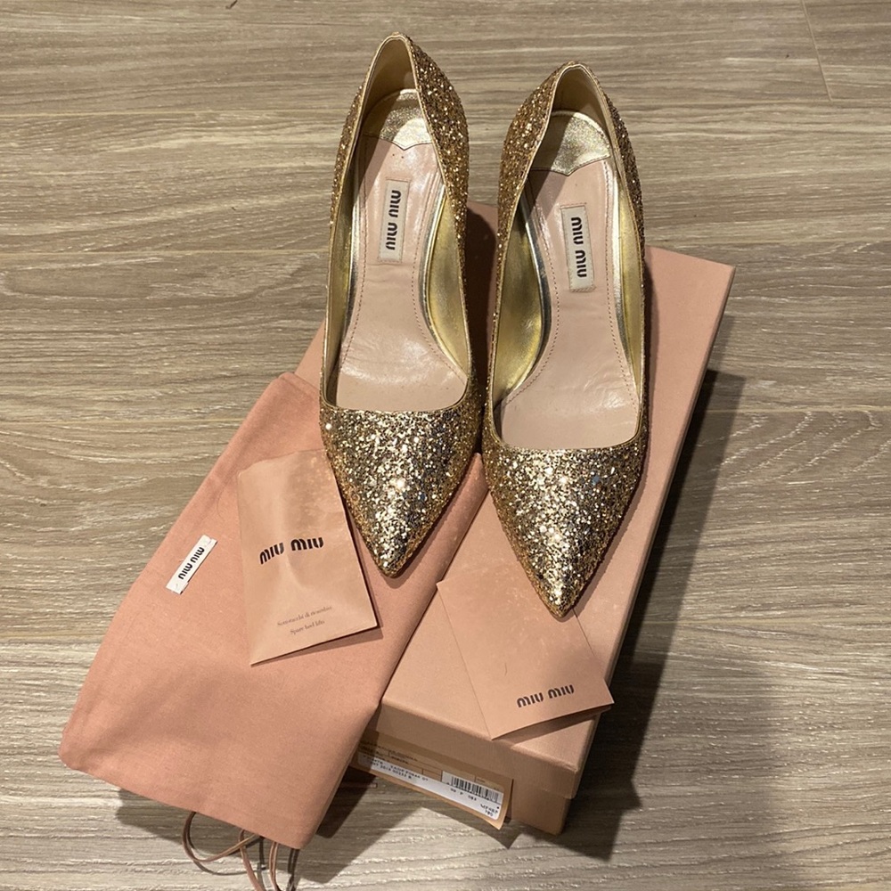 Miu Miu Jeweled Heel Glitter Pump
